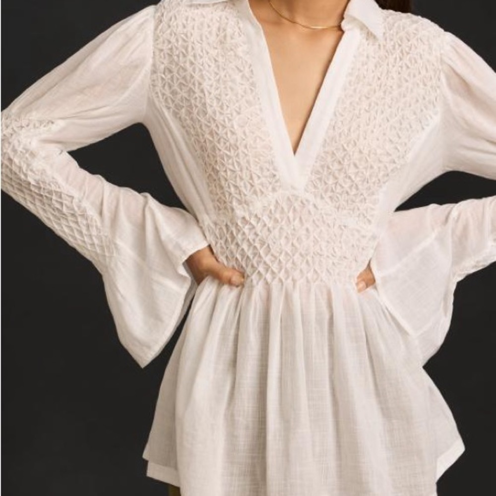 by Anthropologie | White Smocked Blouse | S
